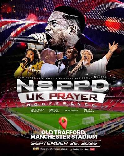 Pastor Jerry Eze leading the NSPPD UK Prayer Conference 2026 at Old Trafford in Manchester